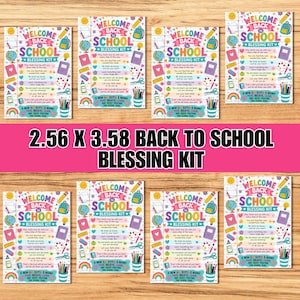 Pode incluir: Oito cartões retangulares intitulados Welcome Back to School Blessing Kit, cada um medindo 6,50 por 9,09 cm. Os cartões apresentam ilustrações coloridas de material escolar como globos, mochilas e lápis com texto inspirador.