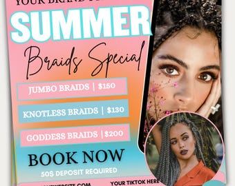 EditableTrendy Summer Braid Sale Flyer, Summer Sale Flyer, Braid Prices Flyer, Braids Sale Flyer, Hair Flyer, , Braids Special Flyer