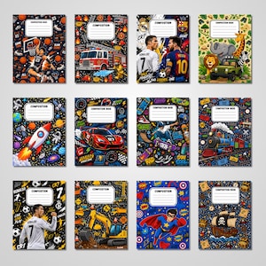 May include: A collection of twelve rectangular composition books featuring various graphic covers including sports, space, vehicles, animals, and superheroes. Each book has a central white label with the printed text COMPOSITION or COMPOSITION BOOK.