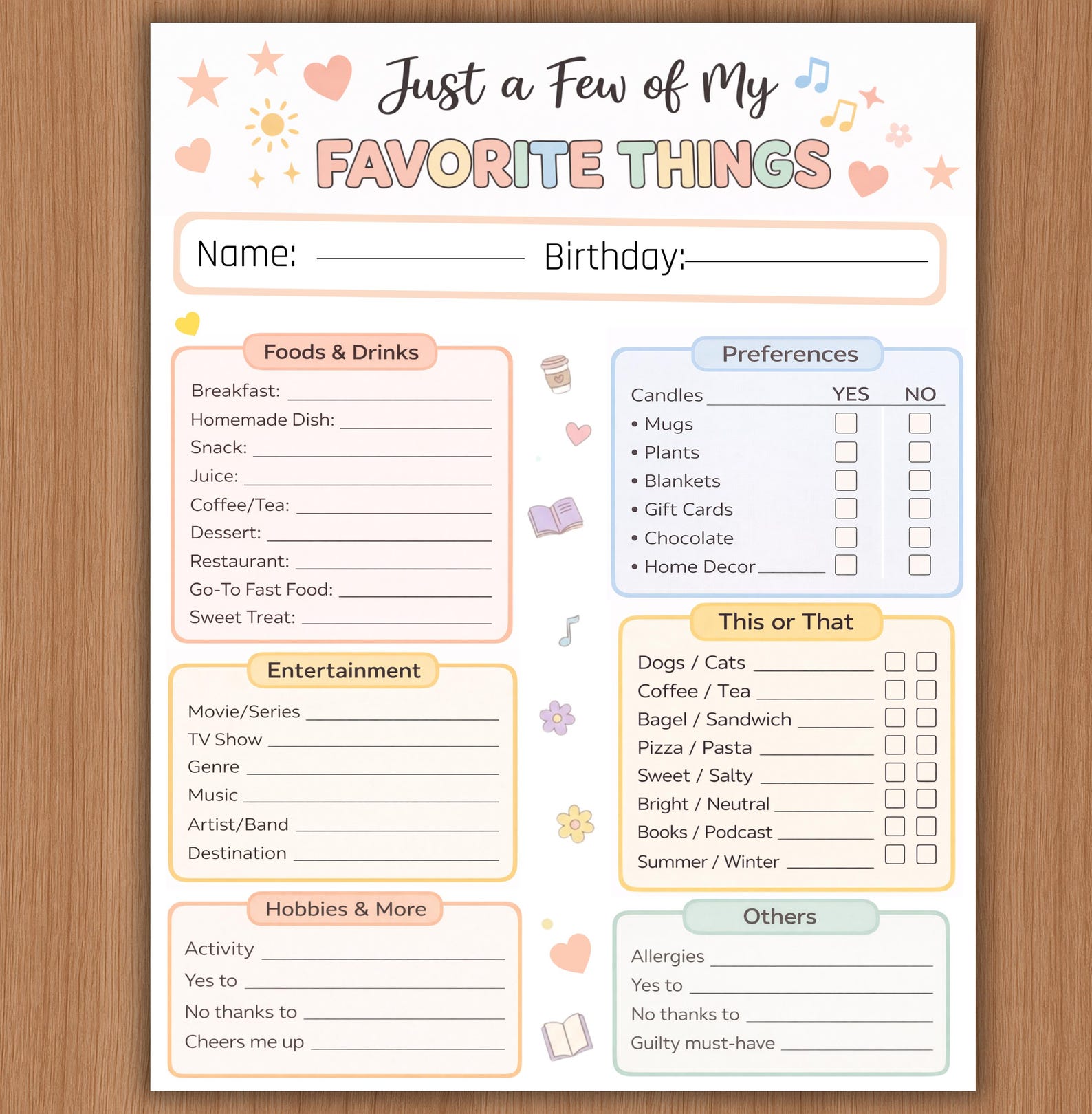 My Favorite Things Survey Questionnaire, PRINTABLE Employee Favorites ...