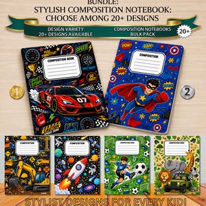Pode incluir: Um conjunto de cadernos com vários designs gráficos, incluindo um carro de corrida vermelho, um super-herói, veículos de construção, um foguete espacial, um jogador de futebol e animais da selva, com textos BUNDLE, STYLISH COMPOSITION NOTEBOOK, 20+ DESIGNS.