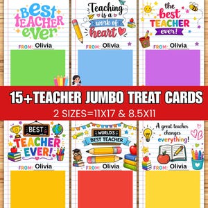 May include: A collection of colorful teacher appreciation cards with various designs and phrases like "Best Teacher Ever" and "Teaching is a work of heart." Each card includes space to write "From: Olivia."