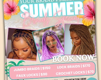 EditableTrendy Summer Braid Sale Flyer, Summer Sale Flyer, Braid Prices Flyer, Braids Sale Flyer, Hair Flyer, , Braids Special Flyer