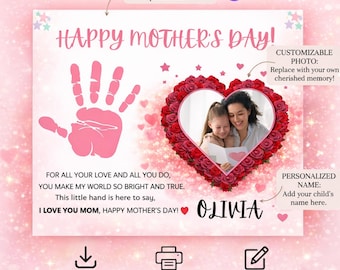 Lavoretto per la Festa della Mamma con impronta della mano e foto, stampabile per la Festa della Mamma per bambini, regalo ricordo con impronta della mano per la mamma in età prescolare, attività per la Festa della Mamma all'asilo nido