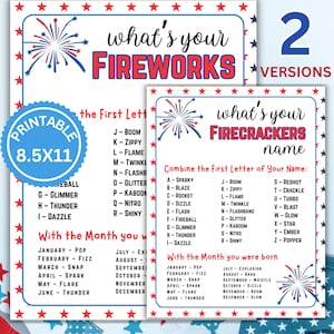 Puede incluir: Dos hojas imprimibles de tamaño A4 con un tema rojo, blanco y azul. Las hojas presentan el texto "What's Your Fireworks" y "What's Your Firecrackers Name". Las hojas incluyen listas de palabras para combinar y crear un nombre único.