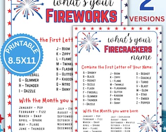 What's Your Fireworks/Firecrackers Name? | Printable Fireworks Name Game | Funny 4th of July Party Games | | firework Patriotic Party Games
