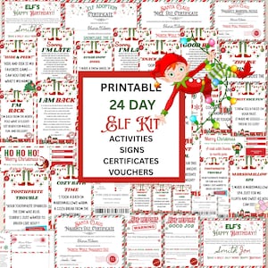 May include: A collection of printable Christmas-themed activity sheets, certificates, and vouchers. The designs feature red and green borders, festive illustrations, and text such as "Elf's Happy Birthday!!" and "Santa Claus Nice List Certificate."