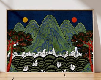 S349 ヨルゲンセン＆モルヒ ガラスプレート 25cm デンマーク アート Korean Folk Painting, Sun Moon & Five Peaks,일월오봉도 Korea Wall