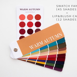 May include: A color swatch fan and lip & blush card with the text "WARM AUTUMN". The fan displays 45 shades, and the card shows 12 shades. The color palette includes shades of red, orange, and brown.
