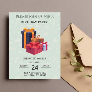 Vintage Blue and Orange Boho Birthday Invitation | Editable Template Instant Download for Aesthetic Party Invite