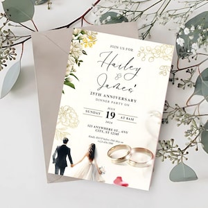 Anniversary Invitation, Wildflower Wedding Anniversary Invite, Wedding Anniversary Printable, Gold Anniversary Template, Editable