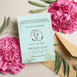 Rustic Floral Wedding Invitation Template, Green and White Elegant Wedding Invite, Minimalist Wedding Stationery