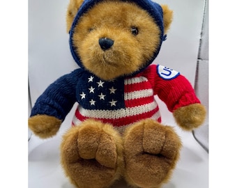 Jstuff Associates teddybeer pluche bruine gebreide trui met Amerikaanse vlag patriottisch