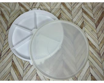 Bandeja de servir Tupperware vintage blanca redonda de 30 cm (12 pulgadas) con 7 compartimentos 224-11