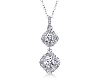 Moissanite Pendant Necklace | 925 Sterling Silver 18K White Gold Plated | Dainty Gift for Her | Elegant Vintage Style Jewelry