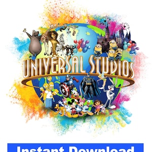 Könnte beinhalten: Ein farbenfrohes Grafikdesign mit dem Universal Studios-Logo und verschiedenen Zeichentrickfiguren, darunter Figuren aus Madagascar, den Simpsons, Minions und DC Comics. Der Text "Instant Download" befindet sich in einem blauen Rechteck.
