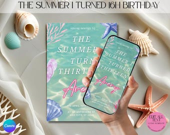 The Summer I Turned 13th Birthday Invitation: Coastal Pool Party Flyer (Editable Canva Template)