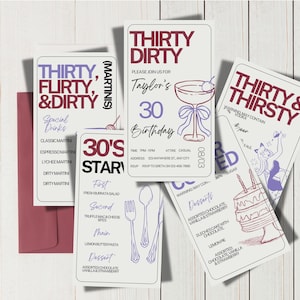 Convite Dirty Thirty Flyer · Cartão de aniversário de 30 anos para ela · Modelo Canva para menu de bebidas e placa de coquetéis Um pouco mais antigo para baixar