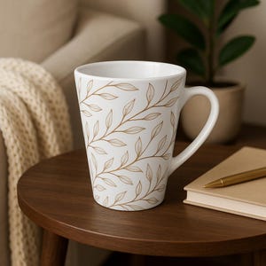 Pretty Mug, Elegant Floral Minimal Latte Mug, Cozy aesthetic Gift, Luxury Coffee Tea Ritual, Brown Botanical leaf, Home Barista Lovers