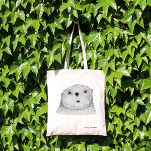 Tote Bag Curious Otter 100% Natural Cotton Long Handles Otter Shopping Bag Otter Bag Cute Animal Market Bag Cotton Shopper Otter Gift image 1