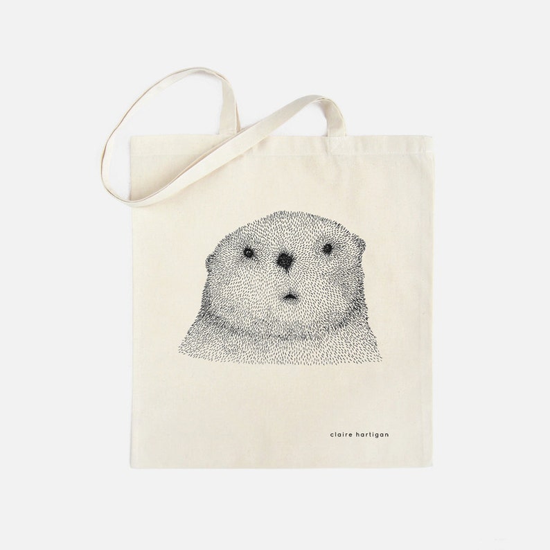 Tote Bag Curious Otter 100% Natural Cotton Long Handles Otter Shopping Bag Otter Bag Cute Animal Market Bag Cotton Shopper Otter Gift image 2