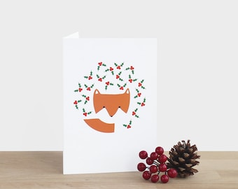 Fox and Holly Christmas  Card - blank festive Christmas holiday season thank you berries tree bush leaf red green orange white