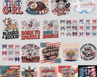 4th of July PNG Sublimation Bundle, Patriotic Cute Animals, Fireworks, Bows & Funny Quotes, Digital Download for T-Shirts, Tumblers, Sticker