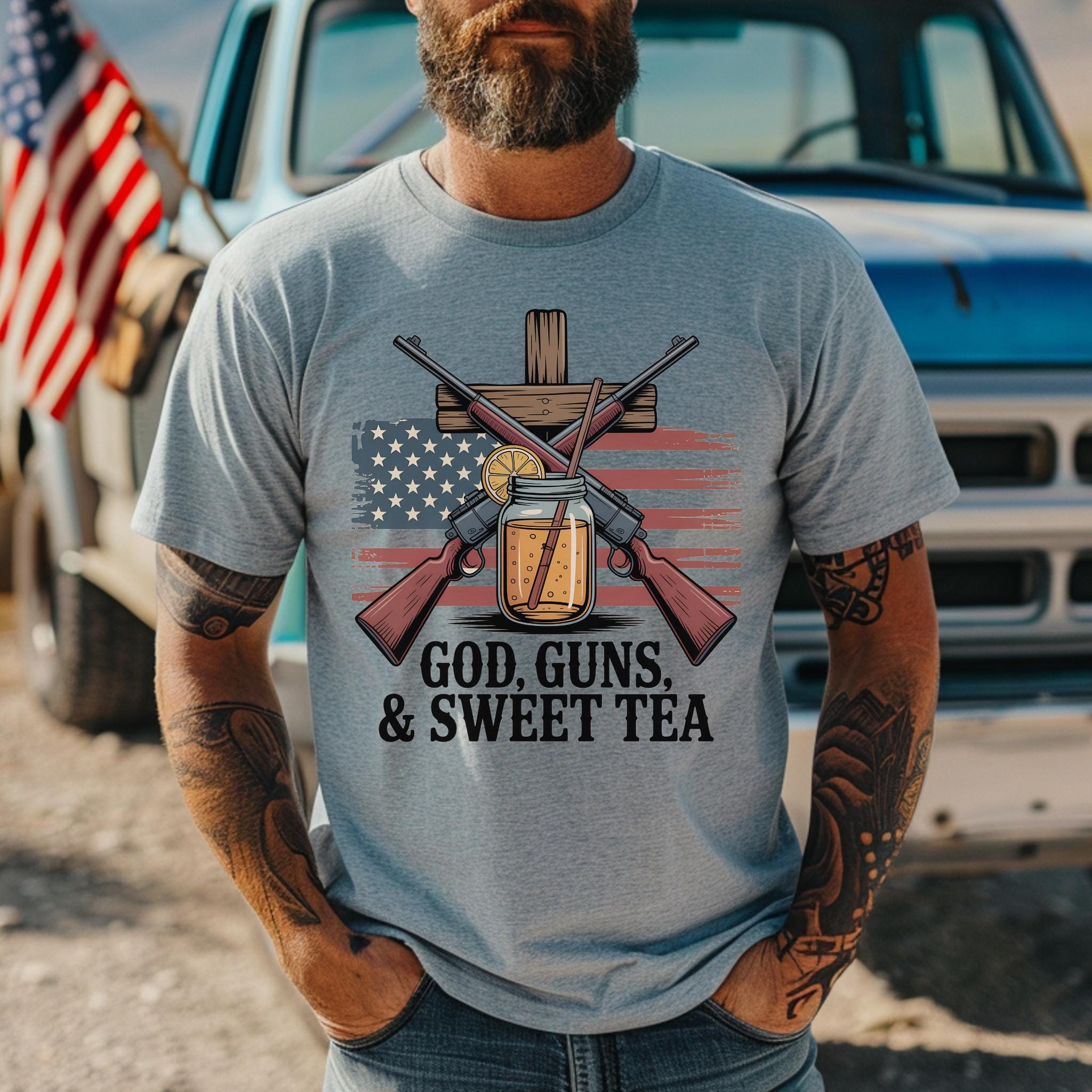 God Guns and Sweet Tea PNG, 4th of July Patriotic Sublimation File for T-Shirts & Crafts, Funny Country USA Digital Download for Cricut