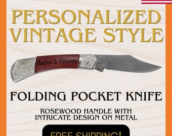 Custom Engraved Vintage Style Pocket Knife with Rosewood Grip