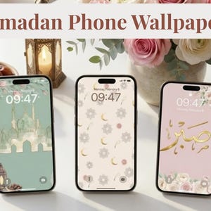 May include: Three smartphones displaying Ramadan-themed wallpapers. The screens feature designs with mosques, floral patterns, and Arabic calligraphy. The text "Ramadan Phone Wallpapers" is at the top of the image.