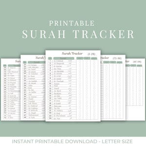 Könnte beinhalten: Druckbarer Surah-Tracker in minimalistischem Design. Der Tracker zeigt eine Liste von Suren mit Kontrollkästchen zur Fortschrittsverfolgung. Der Text "SURAH TRACKER" wird oben angezeigt. Der Hintergrund ist hellgrün.