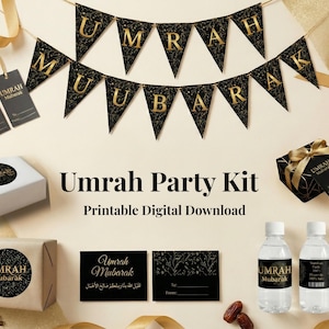 May include: An Umrah Party Kit with black and gold decorations. The kit includes a banner, gift boxes, tags, water bottles, and cards. The text "Umrah Mubarak" is featured on several items. Ribbons and dates are also included.