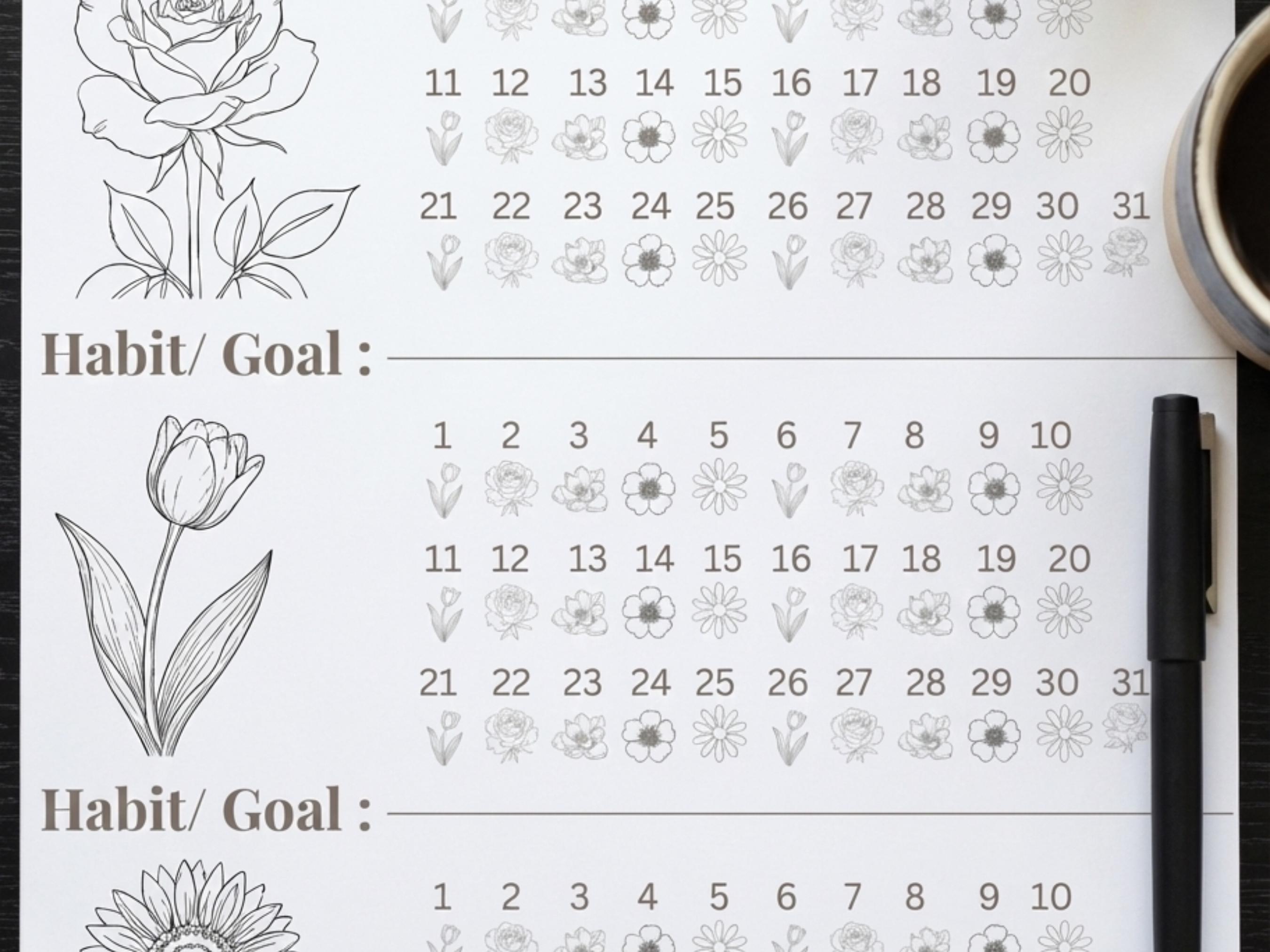 Printable Habit Tracker Coloring Page | Monthly Goal Setting Template ...
