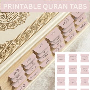 Puede incluir: Primer plano de un Corán con pestañas rosas imprimibles insertadas entre las páginas. Las pestañas tienen texto árabe y traducciones al inglés. El texto "PRINTABLE QURAN TABS" está en la parte superior de la imagen.
