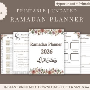 May include: Printable Ramadan planner with floral accents. The cover displays "Ramadan Planner 2026" in English and Arabic. Includes pages for daily tasks, worship goals, and a 30-day checklist. Available in Letter size.