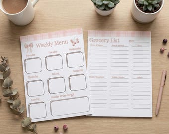 Coquette Meal Planner Printable | Weekly Menu Template | Cute Grocery List PDF | Pink Bow Aesthetic | Dinner Planner | A4 & Letter
