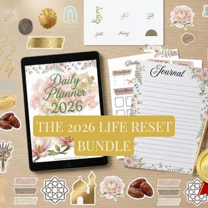 May include: A digital planner bundle for 2026, featuring a tablet displaying "Daily Planner 2026" with floral accents. The bundle includes a journal, stickers, and decorative elements, all arranged on a wooden surface.