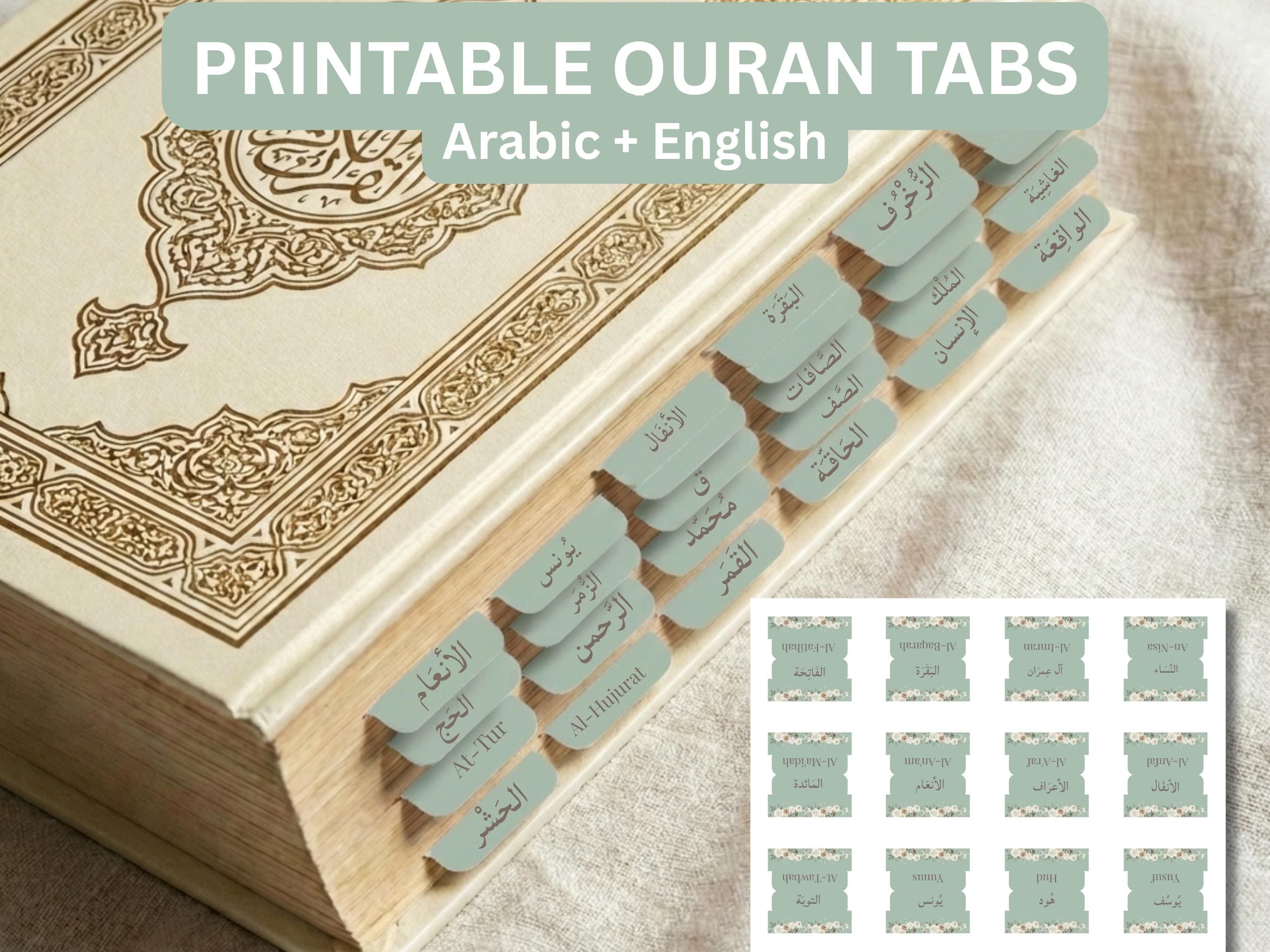 Floral Quran Tabs Printable | Sage Green Surah Index Stickers ...