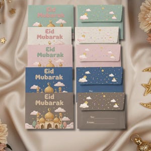 Könnte beinhalten: Eine Sammlung von Eid Mubarak-Grußkarten in Pastellfarben wie Grün, Rosa und Blau. Jede Karte zeigt eine Moscheedarstellung und den Schriftzug "Eid Mubarak". Die Umschläge sind mit Wolken- und Sternmustern verziert.