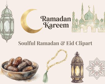 Può includere: Clipart ad acquerello con elementi del Ramadan e dell'Eid. Include una luna crescente, una moschea, lanterne, datteri in una ciotola, grani di preghiera e un disegno a stella. Il testo recita "Ramadan Kareem" e "Soulful Ramadan & Eid Clipart".