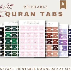 May include: Six sets of printable Quran tabs in various colors including black, green, pink, brown, purple, and navy blue. Each sheet features rows of tab labels with Arabic and English text, labeled as Surah Tabs and Soulbloomartco, in A4 size.