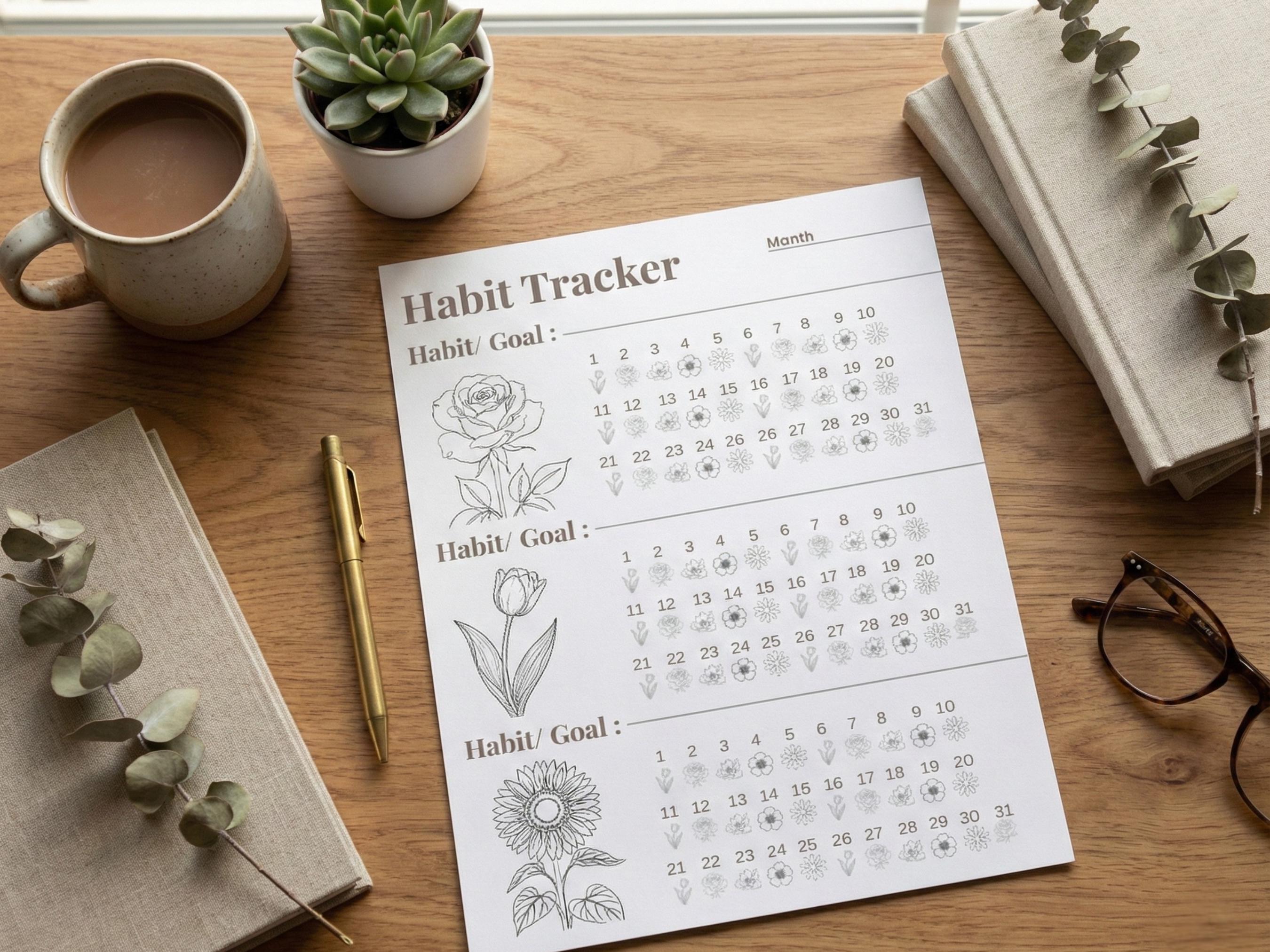 Printable Habit Tracker Coloring Page | Monthly Goal Setting Template ...