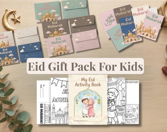 May include: An assortment of Eid gift packs for kids, featuring colorful greeting cards with mosque illustrations and the text "Eid Mubarak." The packs include activity books with illustrations and coloring pages.