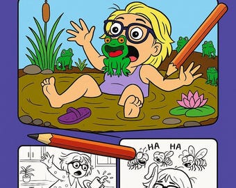 May include: A cartoon illustration with the text "Oops, That's My Life!". The image depicts a woman in a pond with a frog, a pencil, and other scenes of chaos. The overall theme is humorous and relatable.