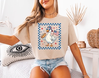 Patriotic Goose Hot Dog Shirt, 4th of July BBQ Tee, USA America Party Top