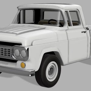 Może przedstawiać: Biała, zabytkowa ciężarówka typu pickup z chromowaną kratą, reflektorami i zderzakami. Samochód ma czarne opony oraz białą kabinę i skrzynię. Pojazd jest ustawiony na szarym tle.