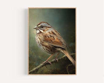 Póster o lienzo enmarcado con estampado de acuarela de gorrión, gorrión cantor, rama de bosque brumoso, arte de pájaro, regalo de pared, impresión inspirada en la naturaleza, decoración