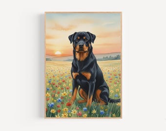 Rottweiler Watercolor Print Framed Poster or Canvas Rottweiler in Sunrise Meadow Wall Gift Art