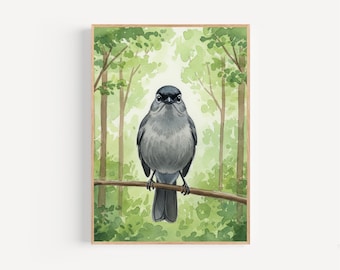 Gray Catbird Watercolor Print Framed Poster or Canvas Gray Catbird in Lush Green Canopy Wall Art Gift Idea for Birding Lovers