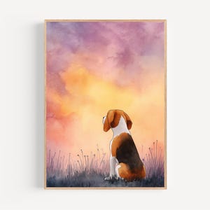 Beagle in Flower Meadow Watercolor Print Framed Poster or Canvas Beagle Sunset Field Art Wall Memorial Dog Gift Remembrance Cute Cottagecore